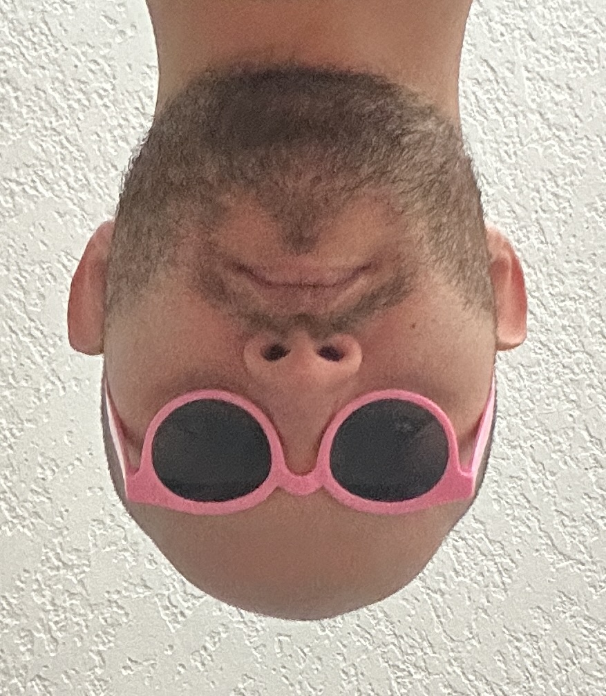 christian ventura upside down wearing pink round sunglasses